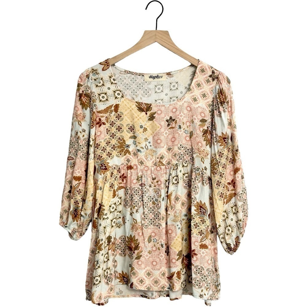 Haptics Flowy Patchwork Floral Babydoll Style Top Medium Cottage Core Blouse